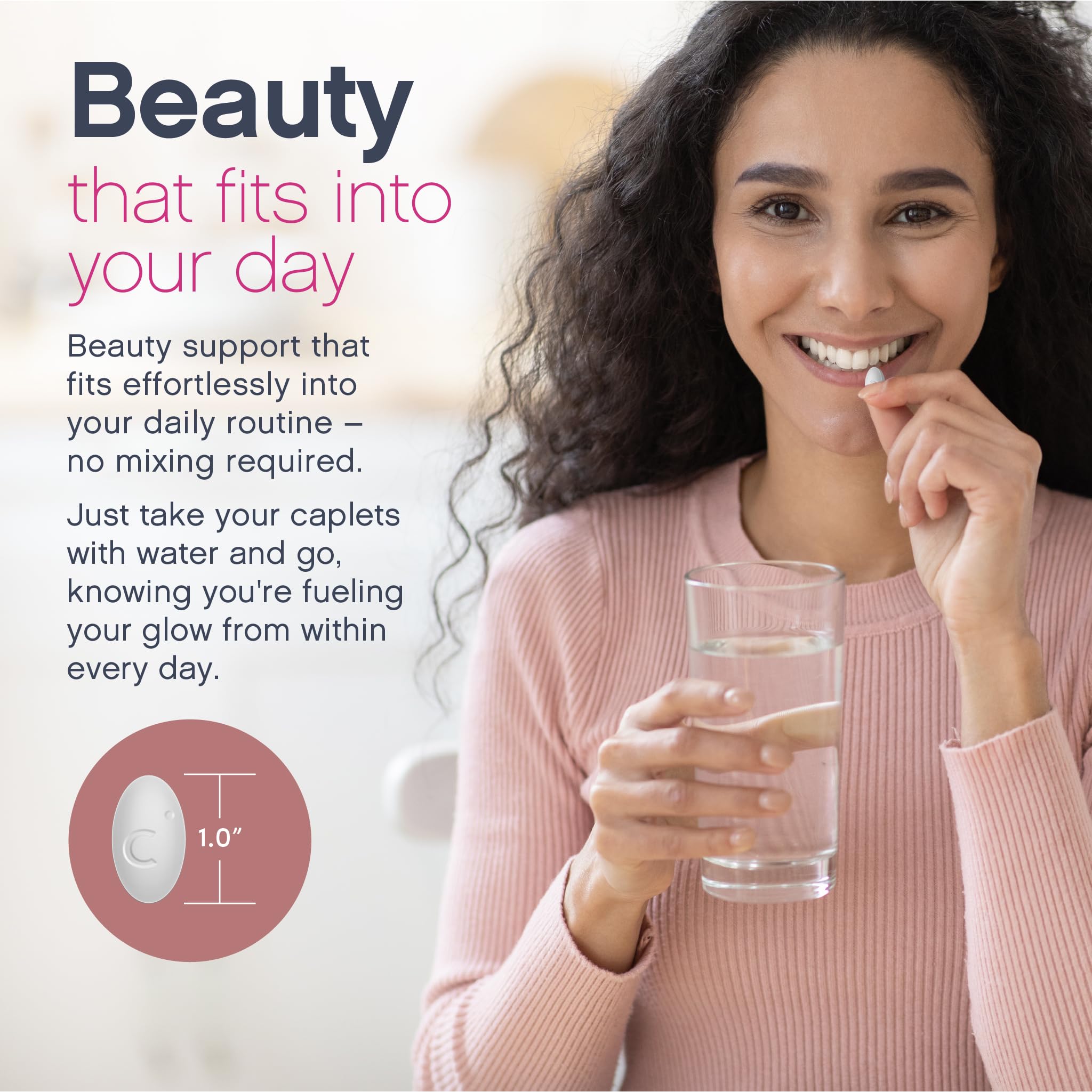 NeoCell Multi Collagen caplets sur table de bain, rituel beauté à domicile.