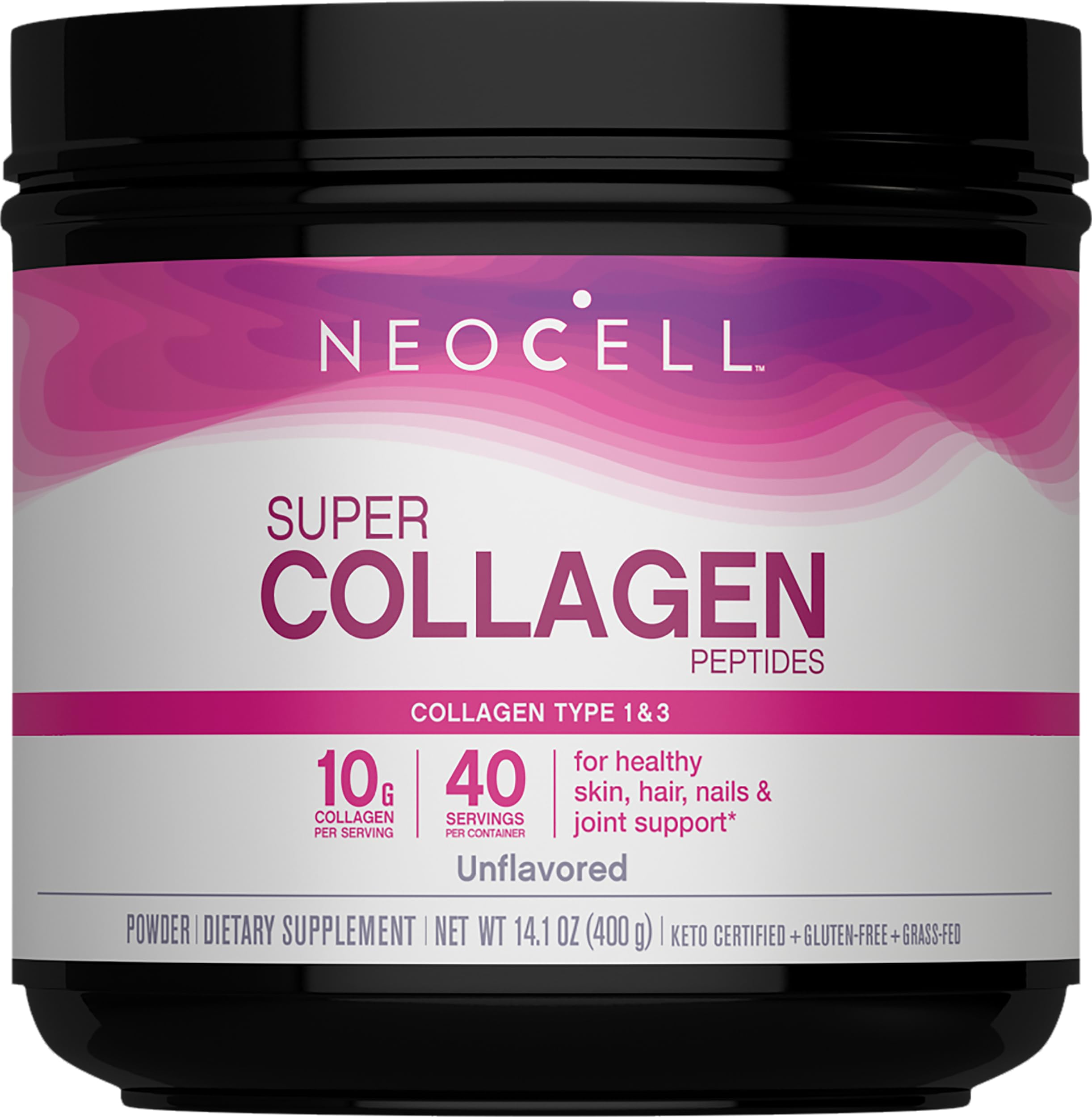 NeoCell Poudre de collagène Grassfed, bouteille de 14 oz, soutien potentiel pour peau et cheveux.