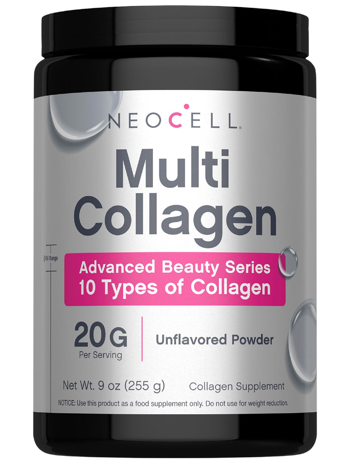 NeoCell Super Multi Collagen poudre en bouteille 9oz, routine beauté potentiellement nourrissante pour peau.
