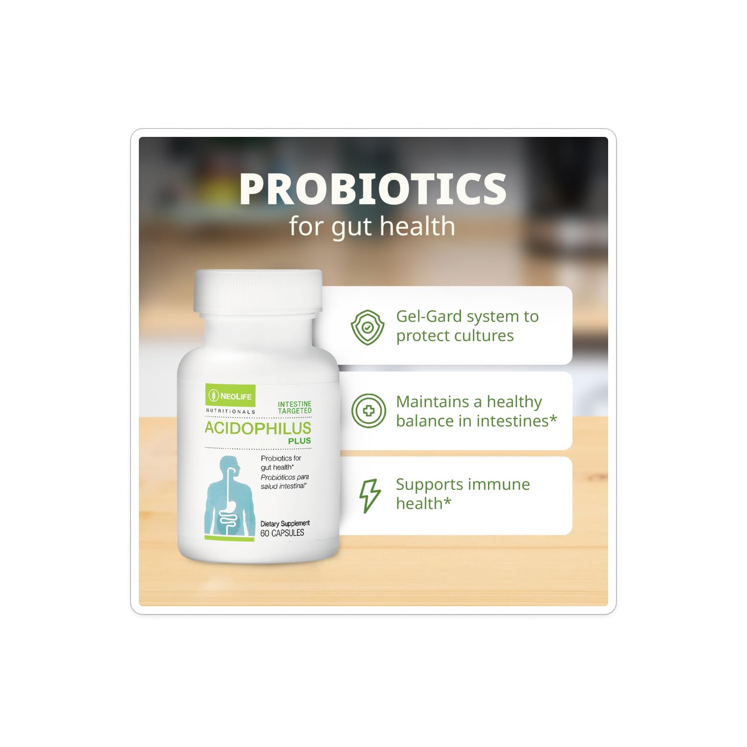 NeoLife Acidophilus Plus – capsules faciles à avaler, prise quotidienne simplifiée.