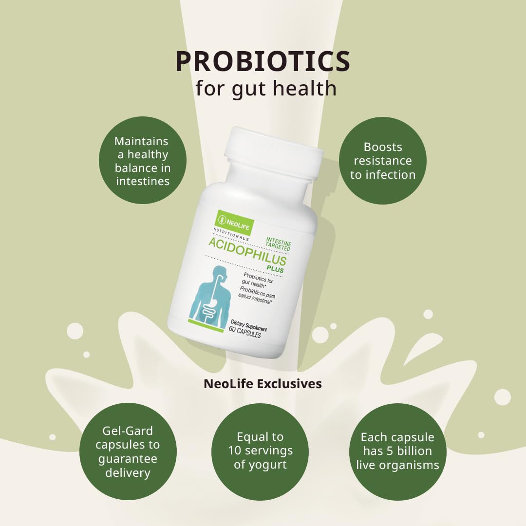 NeoLife Acidophilus Plus – prise quotidienne recommandée avec repas, pratique et discrète.