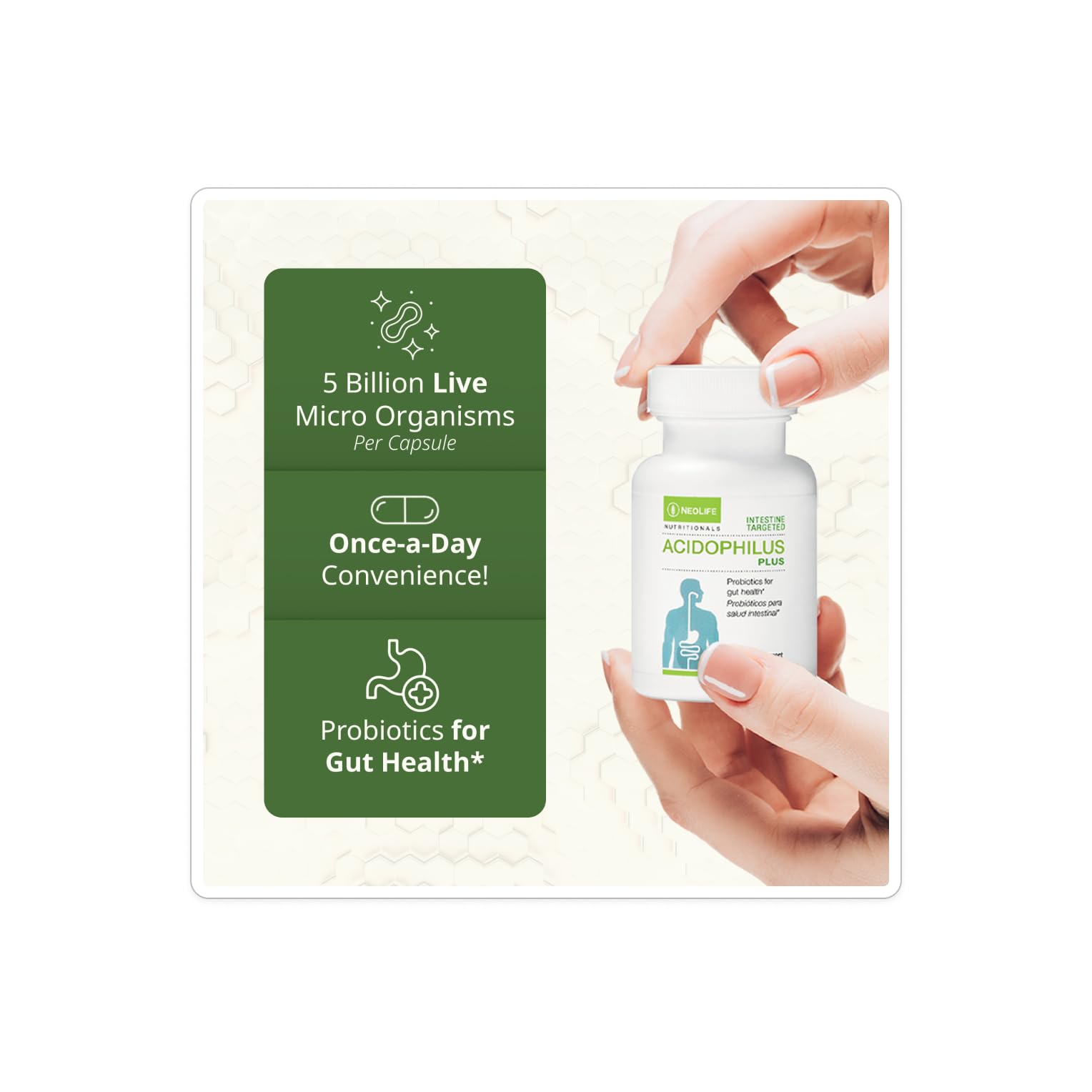 NeoLife Acidophilus Plus – étiquette claire affichant les 5 souches probiotiques clés.