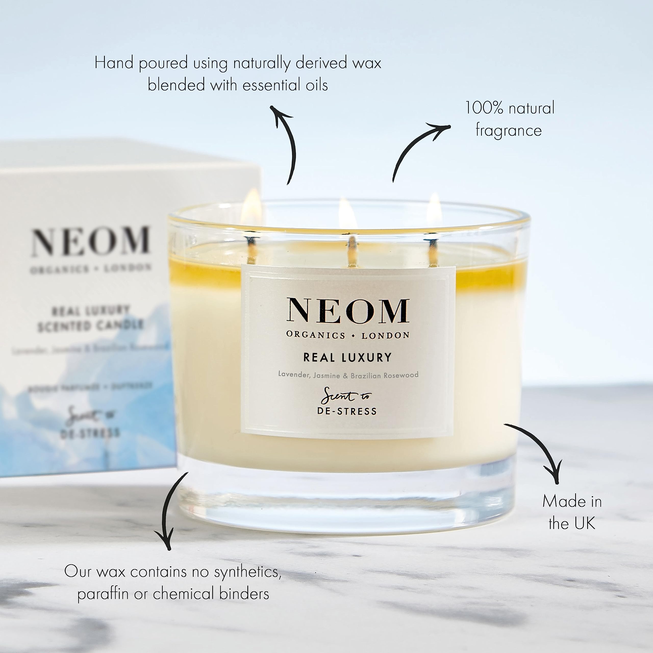 Bougie NEOM 3 mèches – cire naturelle, parfum pur et qualité premium.
