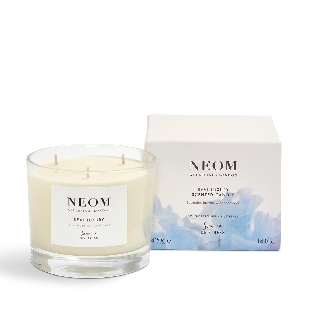 Bougie NEOM 3 mèches Lavande Jasmin Santal – ambiance tranquille et parfum durable.