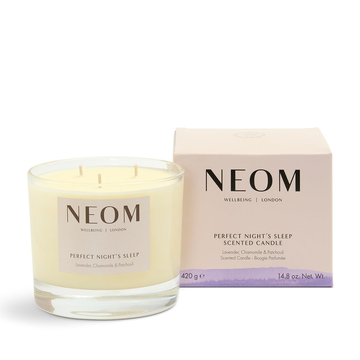 Bougie NEOM Lavande Camomille Patchouli à 3 mèches, ambiance relaxante