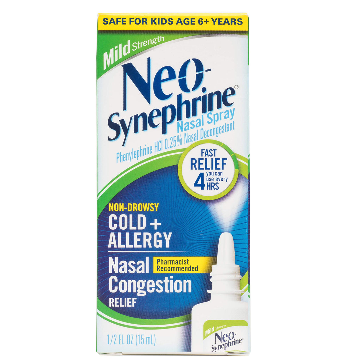 Neo-Synephrine spray nasal – bouteille visible, soulagement potentiel de la congestion.