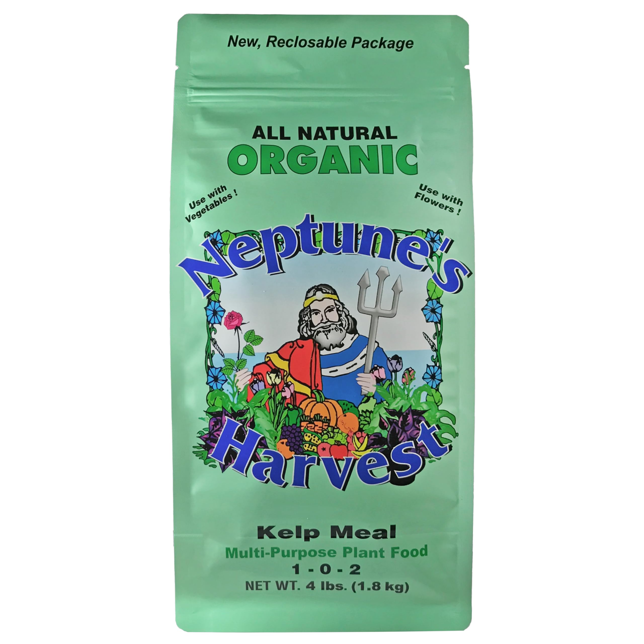 Neptune's Harvest Kelp Meal – bouteille, conditionnement pratique pour nourrir les plantes.