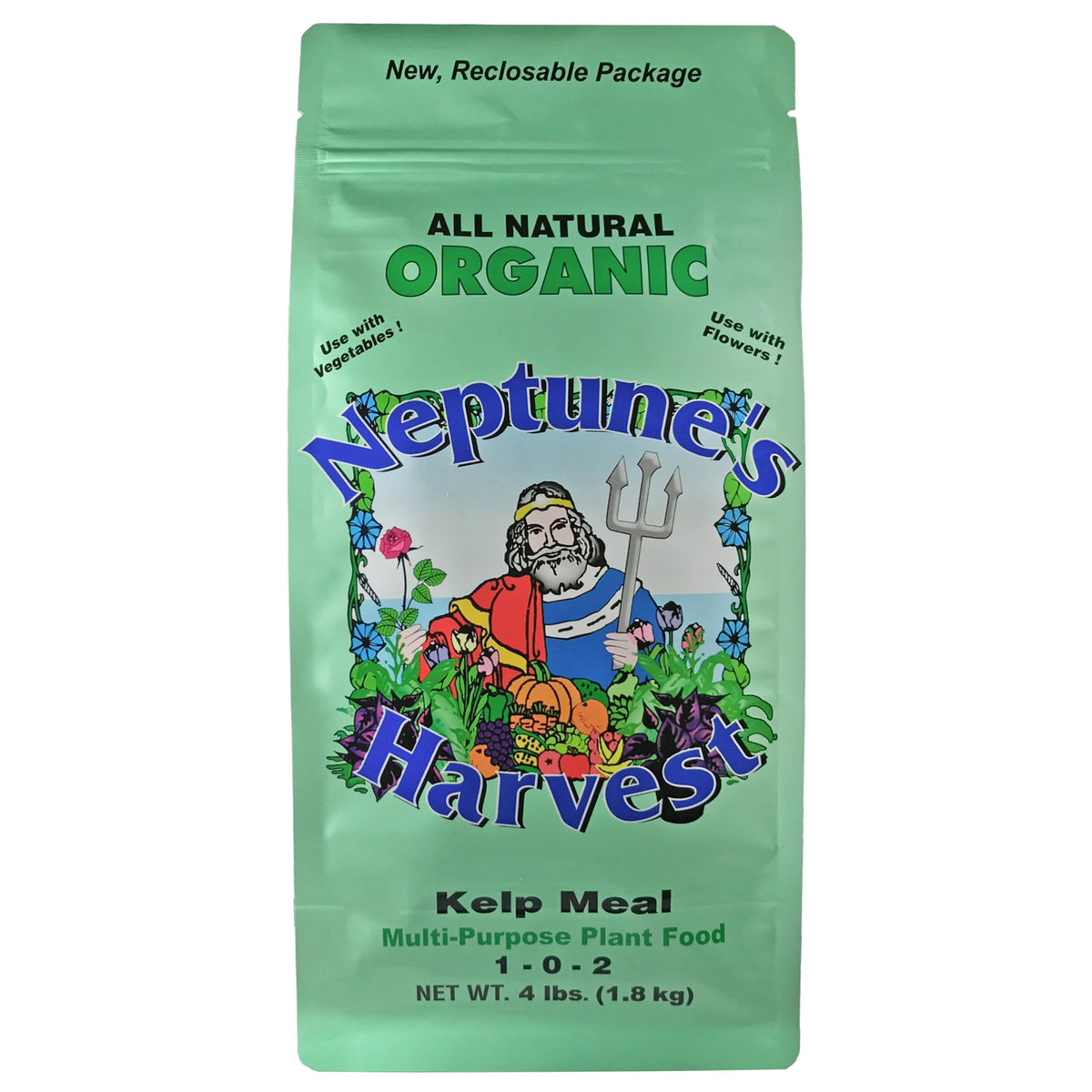 Neptune's Harvest Kelp Meal – bouteille, conditionnement pratique pour nourrir les plantes.