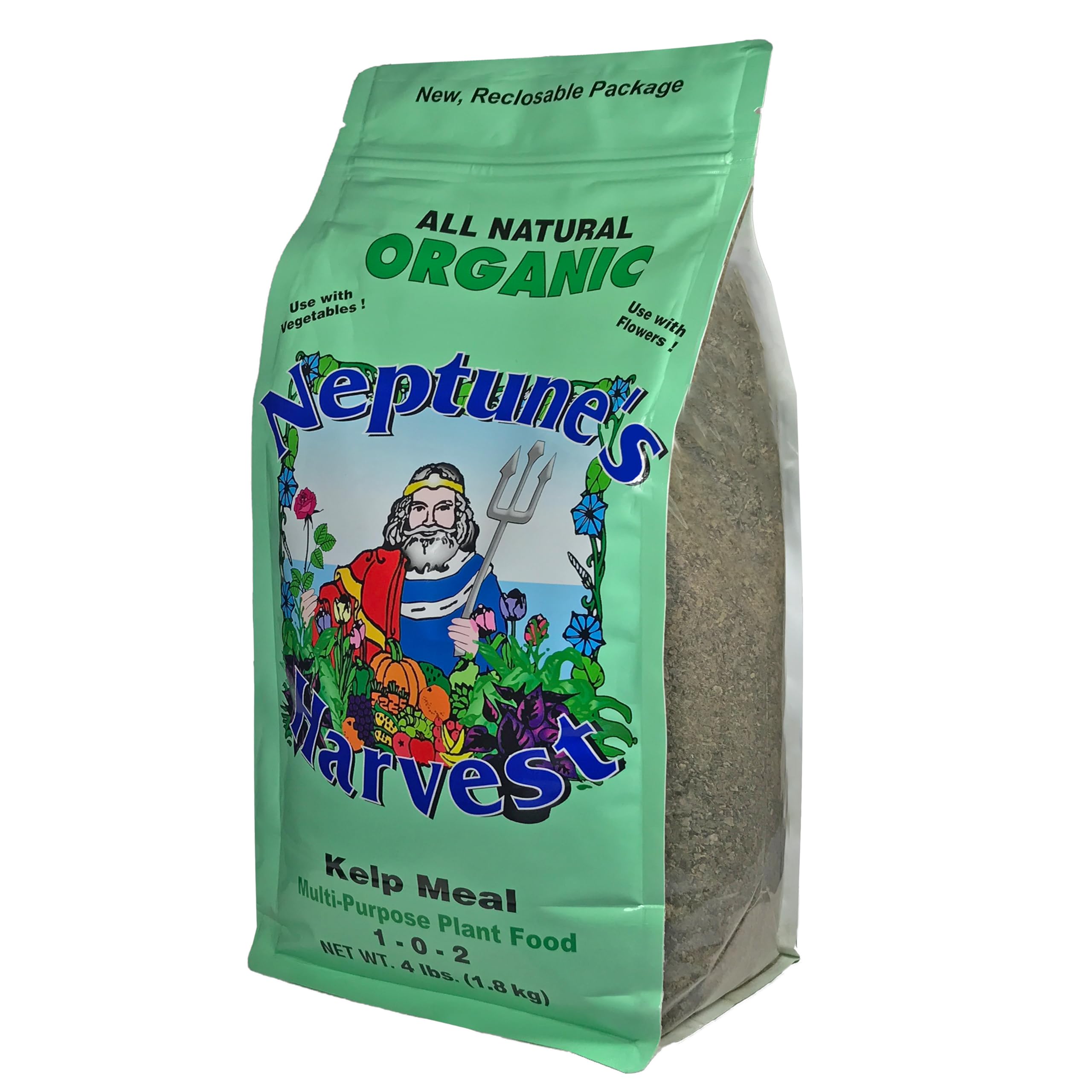 Neptune's Harvest Kelp Meal – granules visibles pour fertiliser le sol et nourrir les racines.