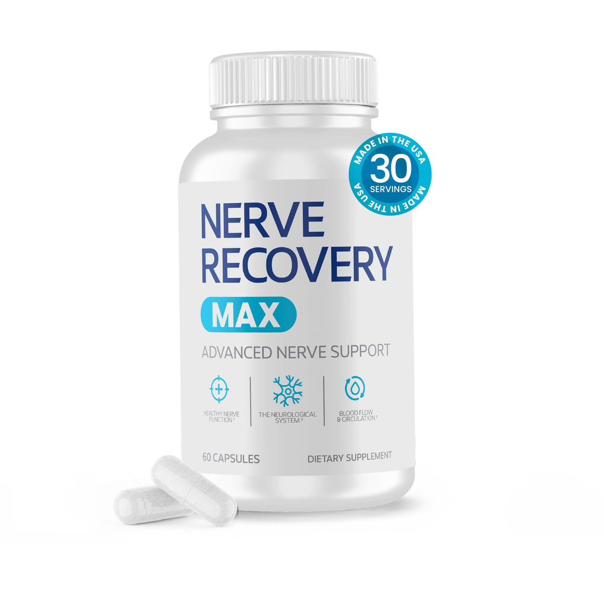 Nerve Recovery Max, bouteille de gélules, soutien quotidien pour les nerfs.