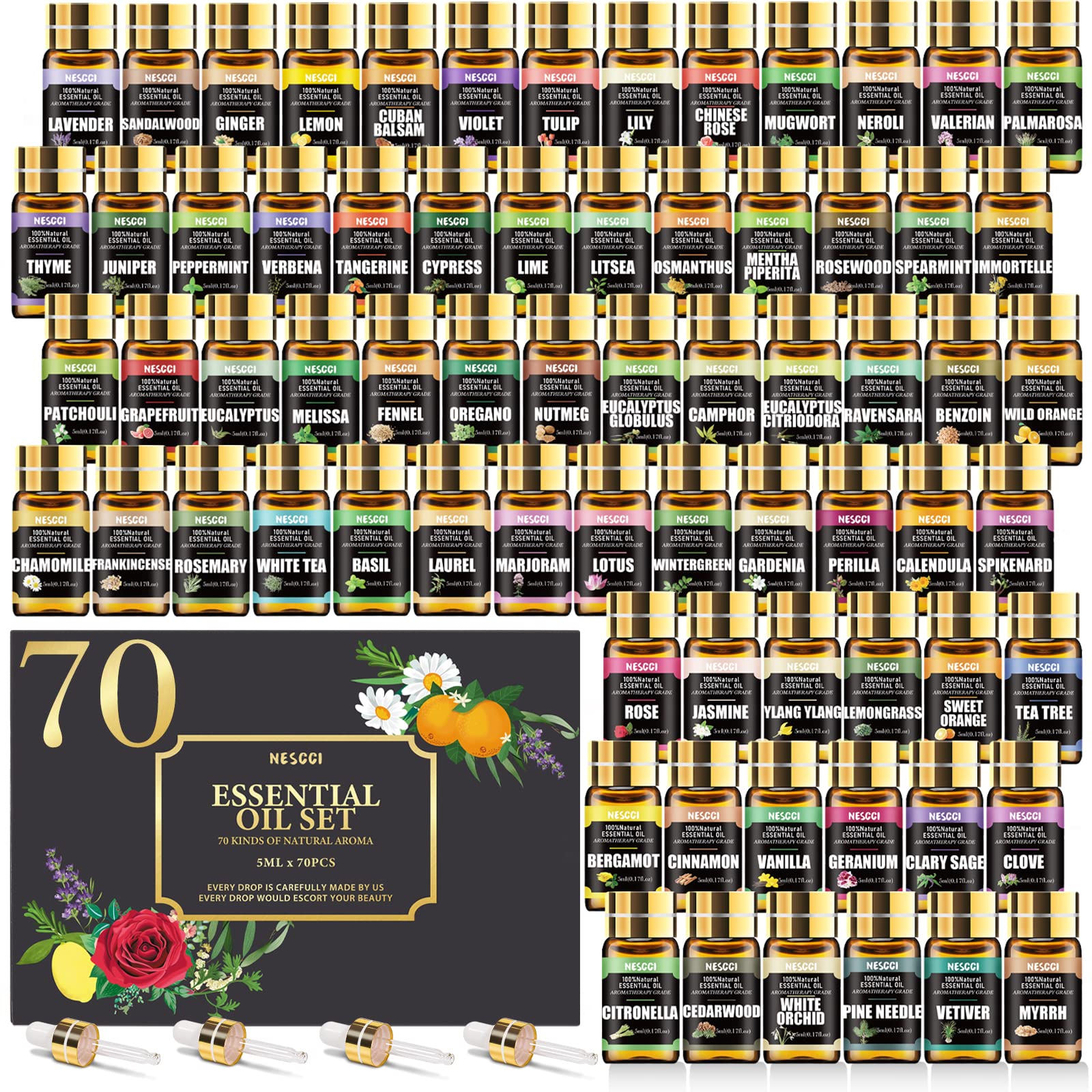 Coffret NESCCI d'huiles essentielles avec 70 flacons pour créer diverses ambiances.