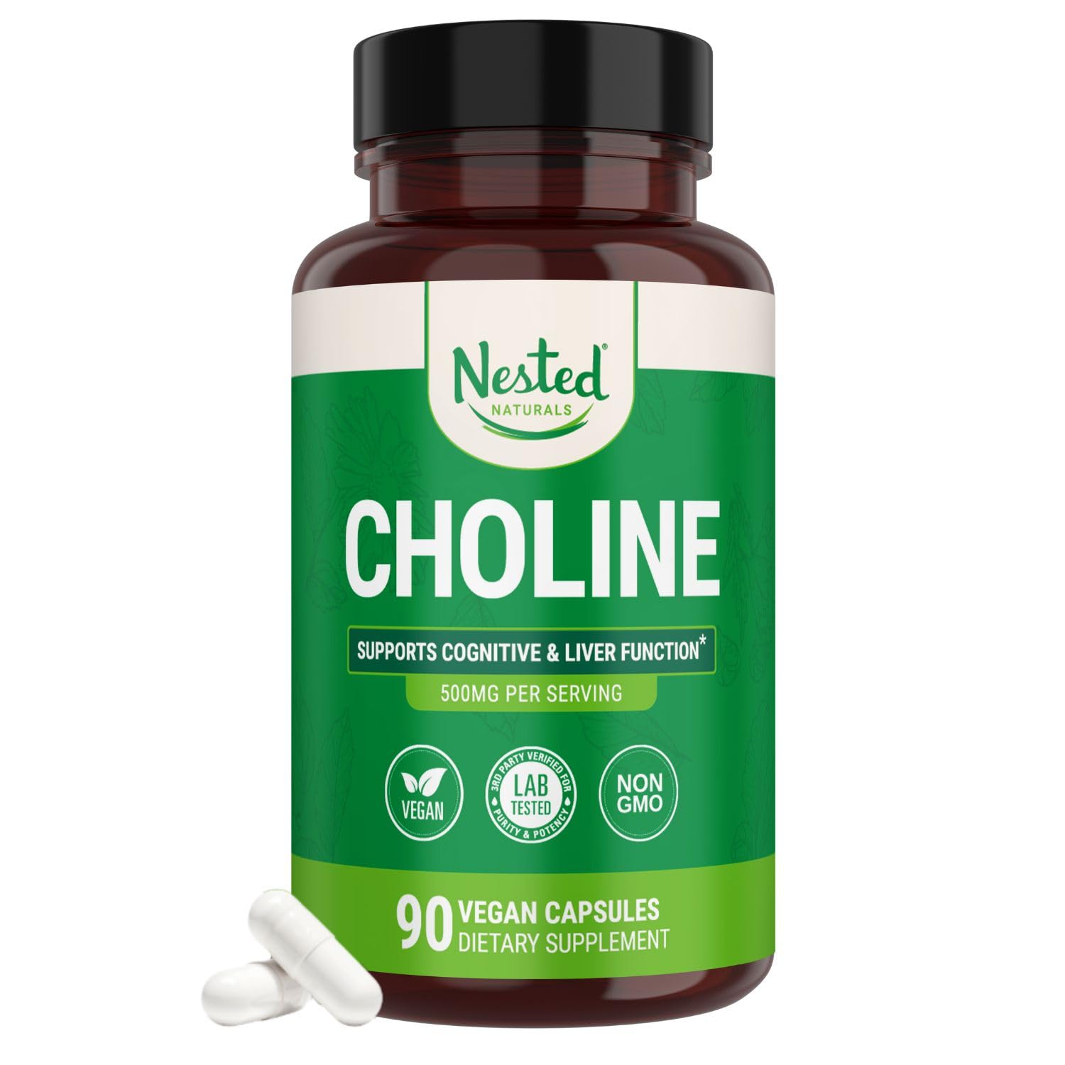 Nested Naturals Choline Bitartrate 500 mg – bouteille vegan soutenant la concentration.