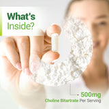 Étiquette claire du Nested Naturals Choline Bitartrate 500 mg avec certifications.