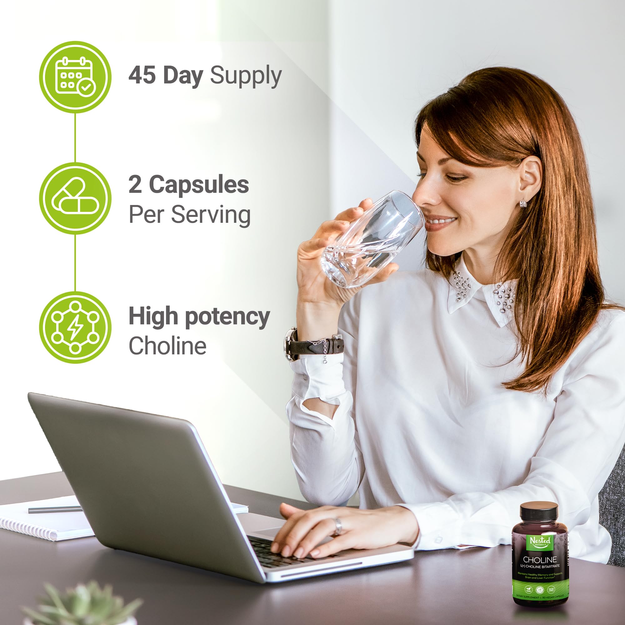 Gélules vegan de Nested Naturals Choline Bitartrate 500 mg, faciles à avaler pour l’usage quotidien.