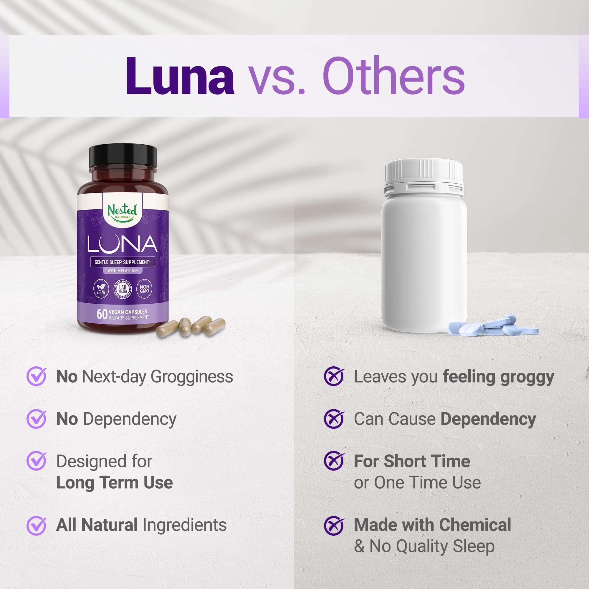 Capsules Luna et verre d'eau, prêt pour votre rituel nocturne.