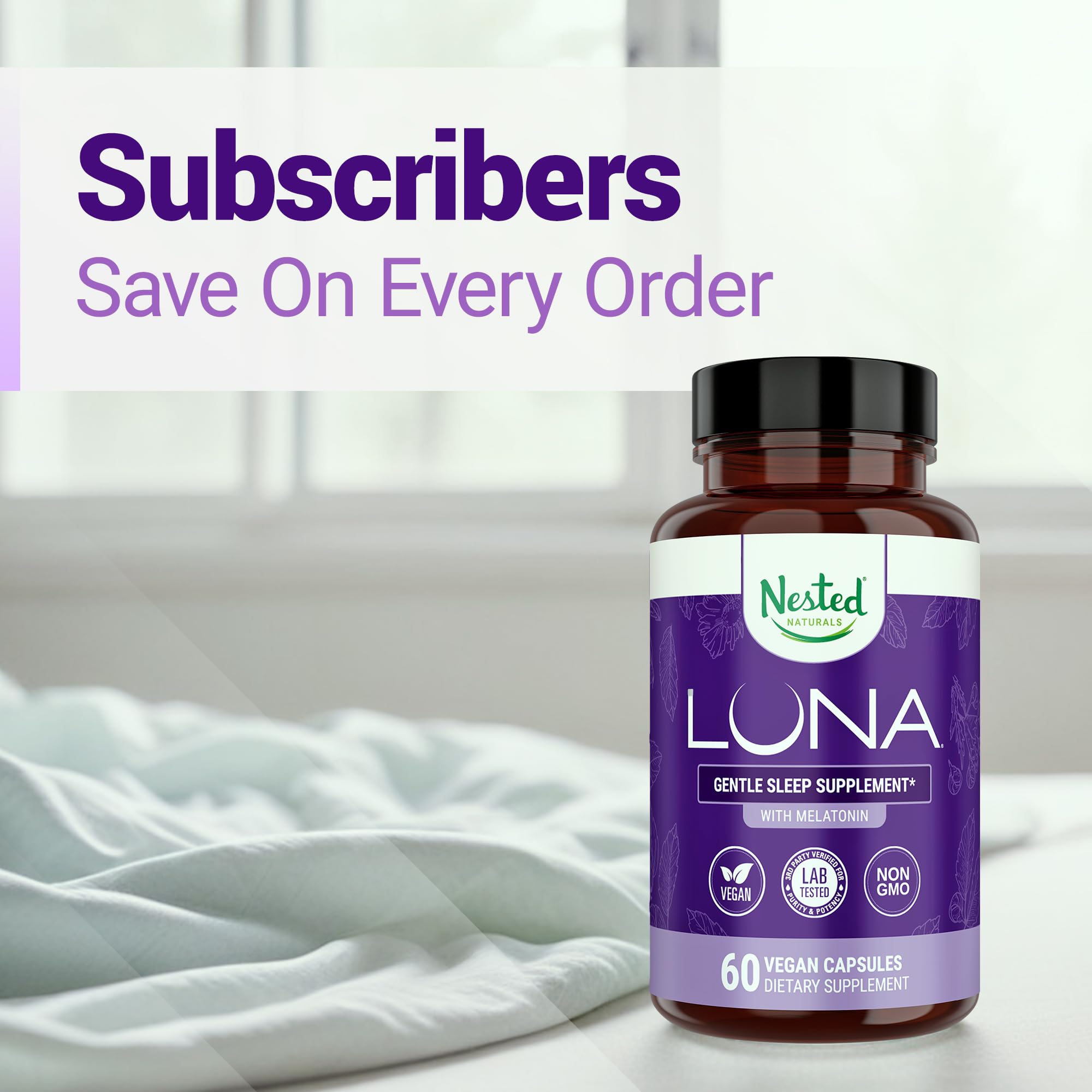 Emballage recyclable de Luna Nested Naturals soulignant l’éthique.