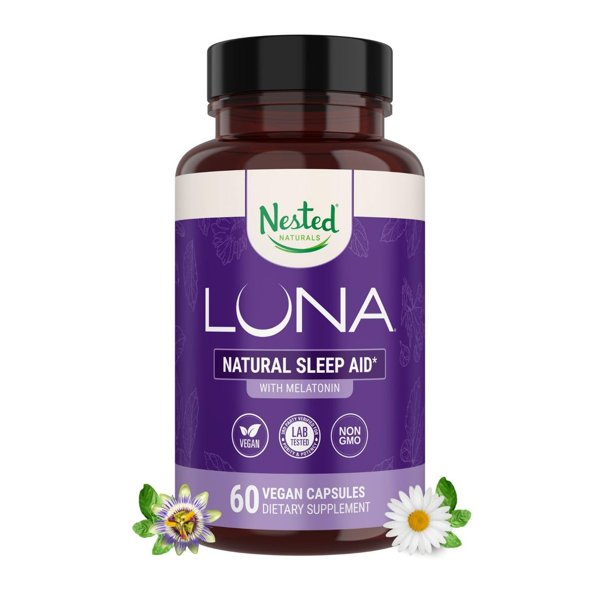 Luna Nested Naturals: bouteille affichant une solution naturelle pour un sommeil reposant.