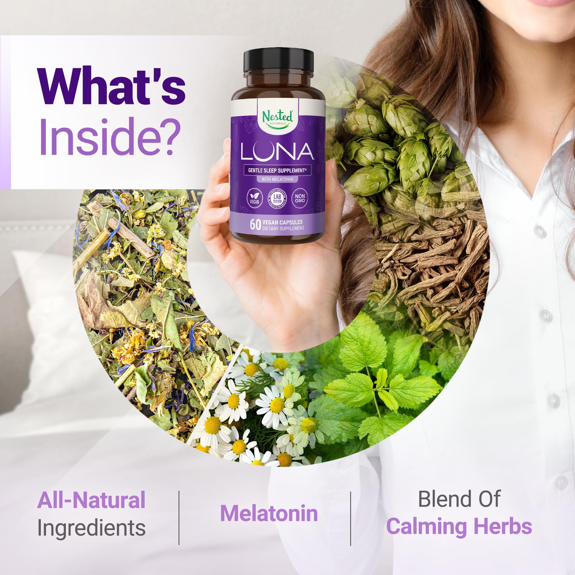 Tableau des ingrédients Luna Nested Naturals indiquant mélatonine et plantes relaxantes.