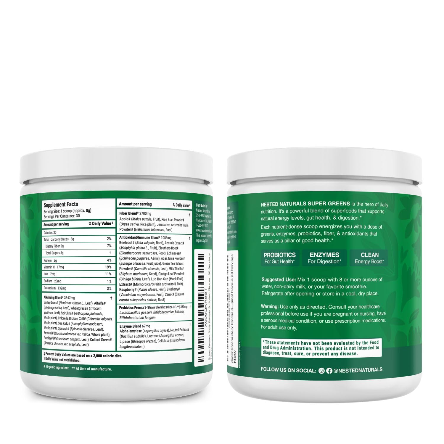 Emballage de Nested Naturals Super Greens prêt à l'emploi au quotidien.