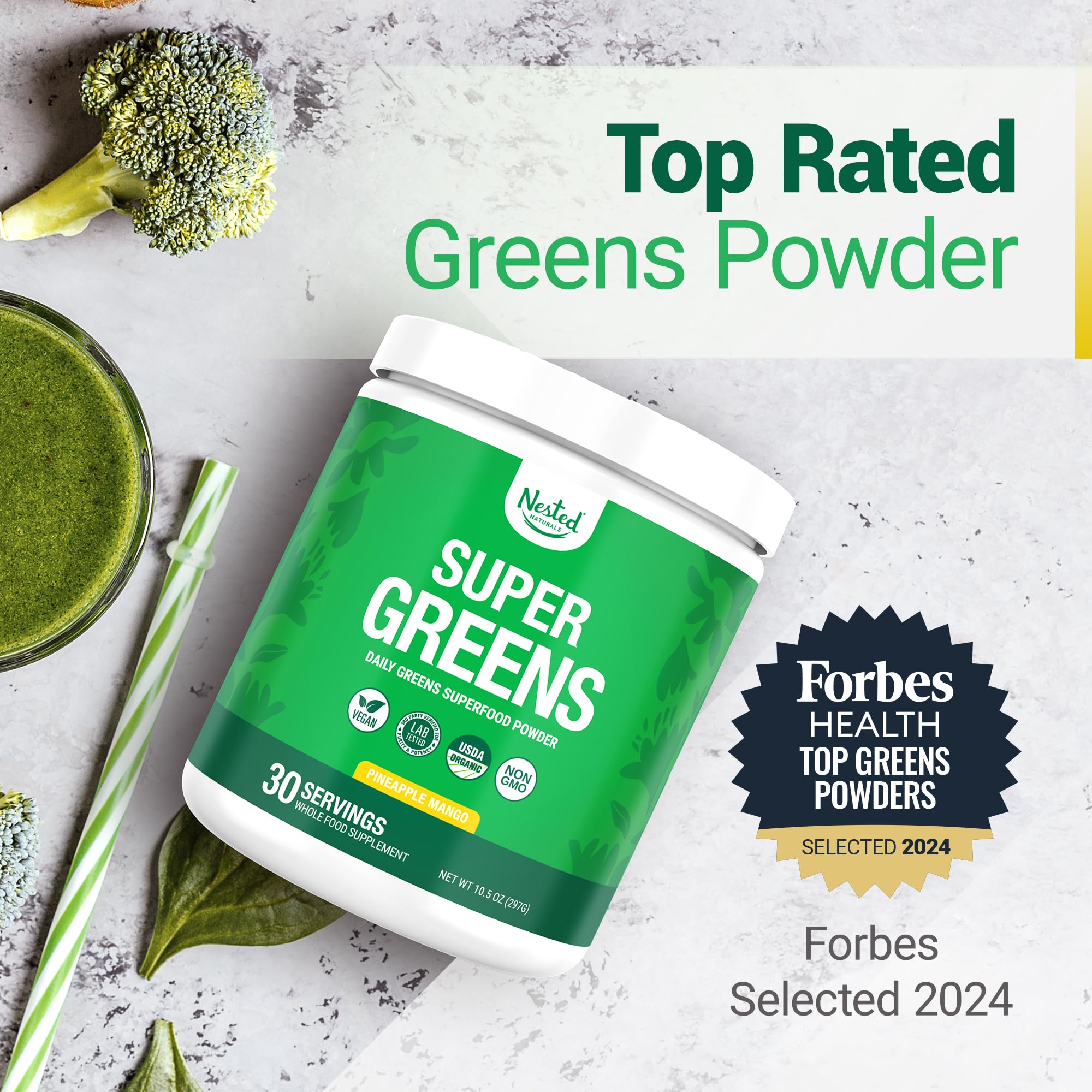 Poudre verte Nested Naturals Super Greens en gros plan pour unUsage quotidien