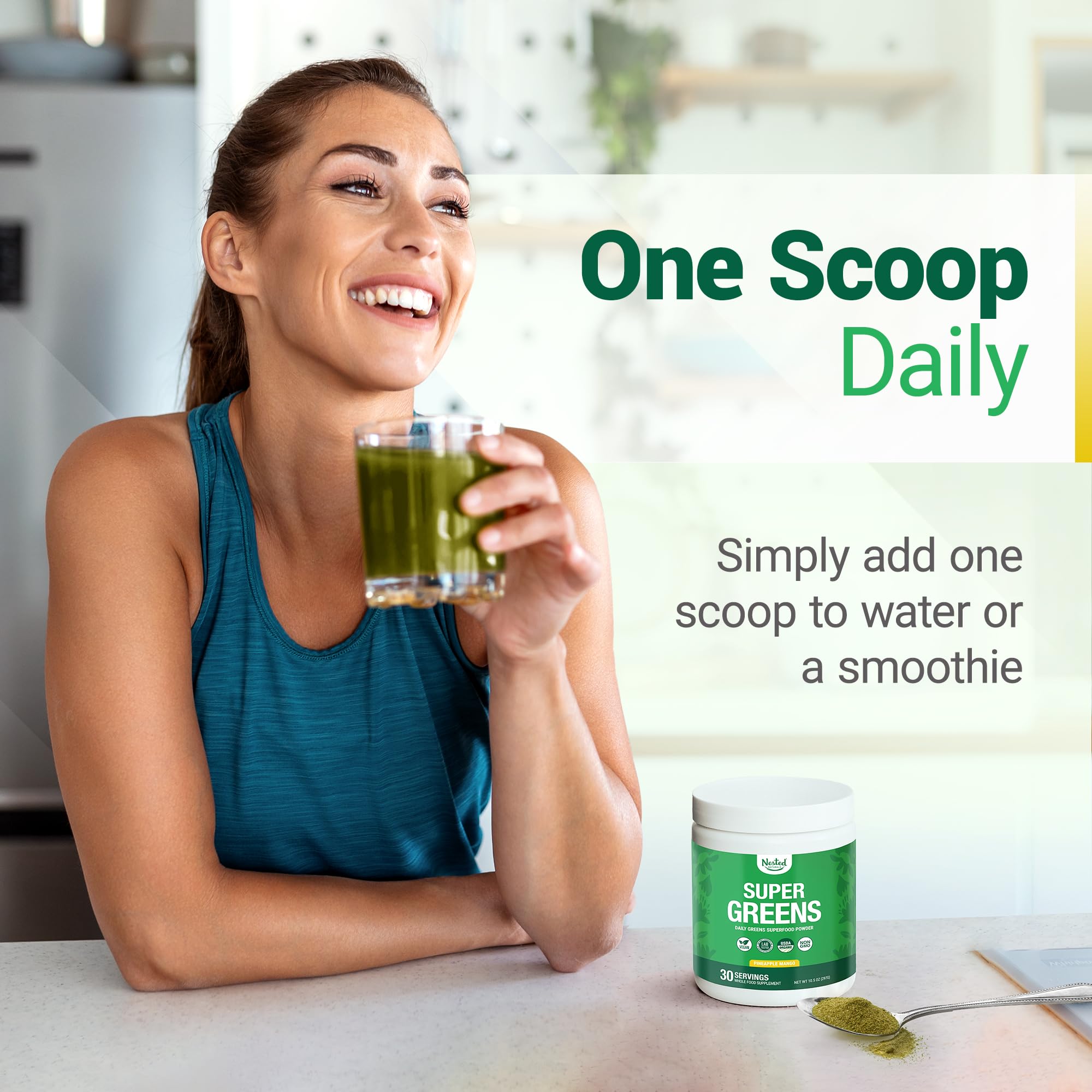 Ingrédients spiruline et chlorelle Nested Naturals Super Greens visibles
