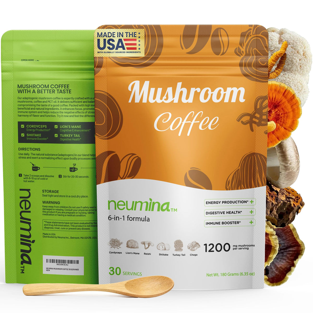 NEUMINA 6-en-1 café champignons, emballage élégant pour démarrer votre journée.