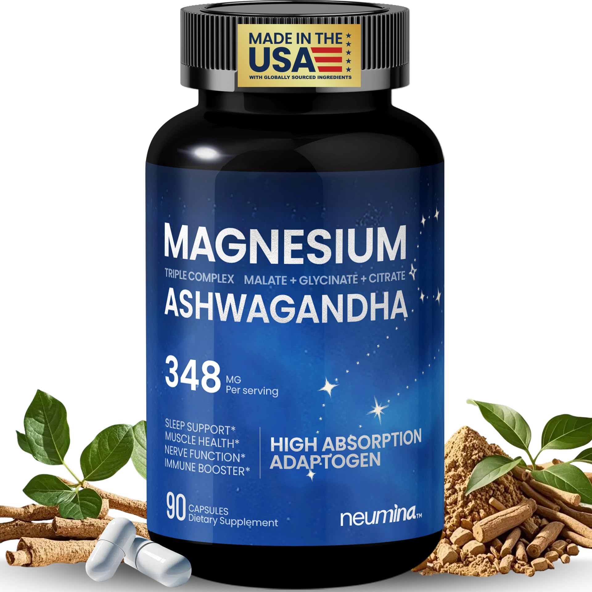 Bouteille neumina magnesium-ashwagandha-complexe prête pour la routine bien-être.