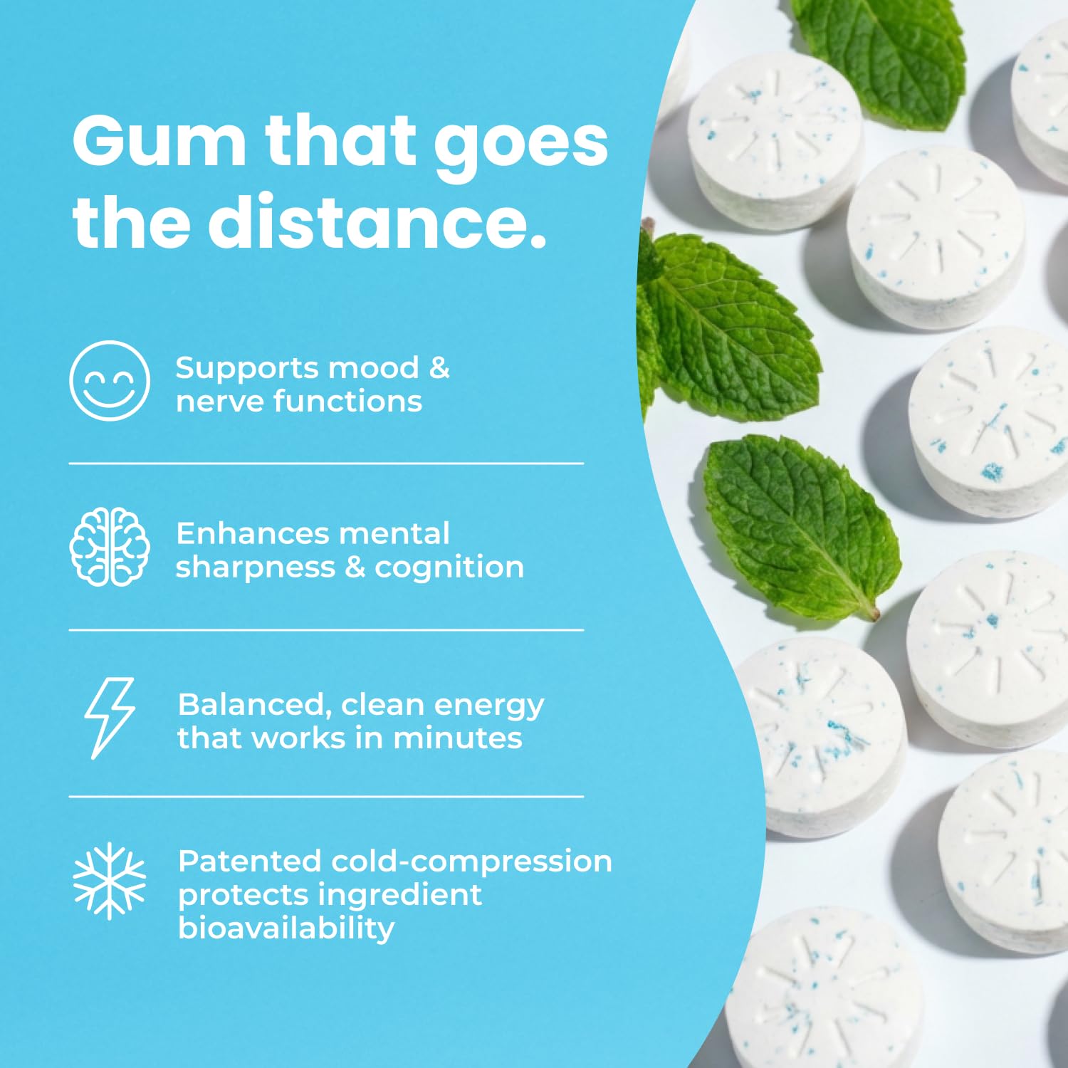 Gomme Neuro menthe prête à être consommée pour concentration quotidienne.