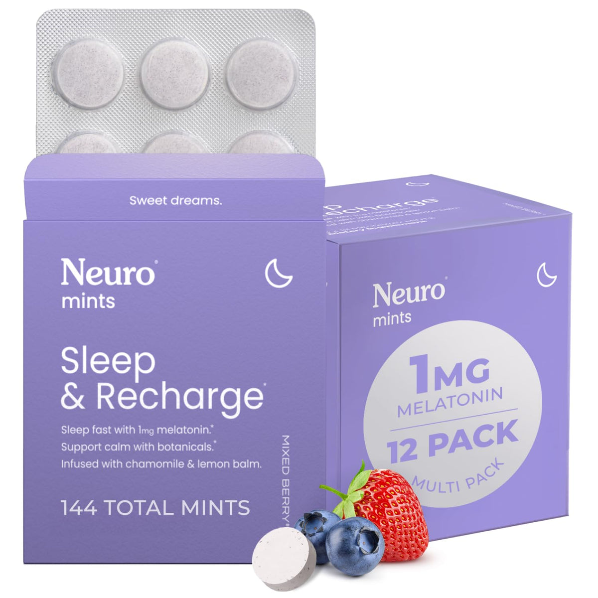 Neuro Sommeil Recharge Meltaway – boîte visibles et saveur fruits rouges, détente rapide.