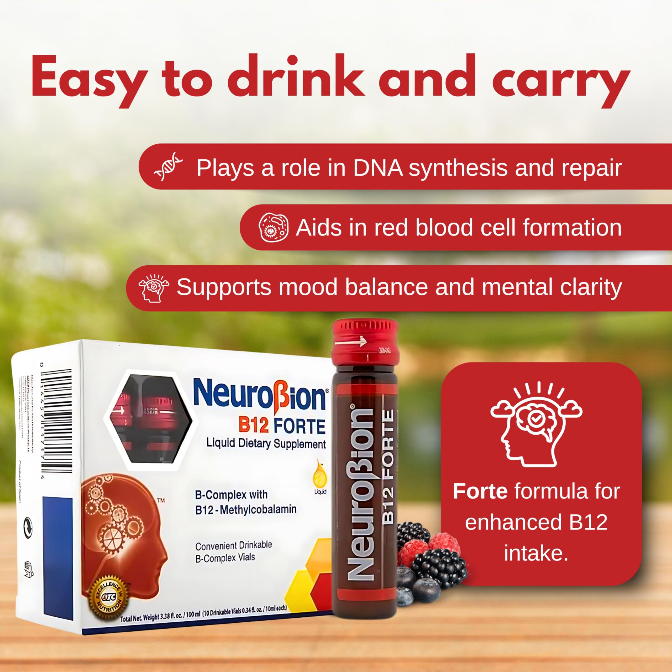 Neurobion B12 Forte: flacon prêt à boire sans besoin d'eau.