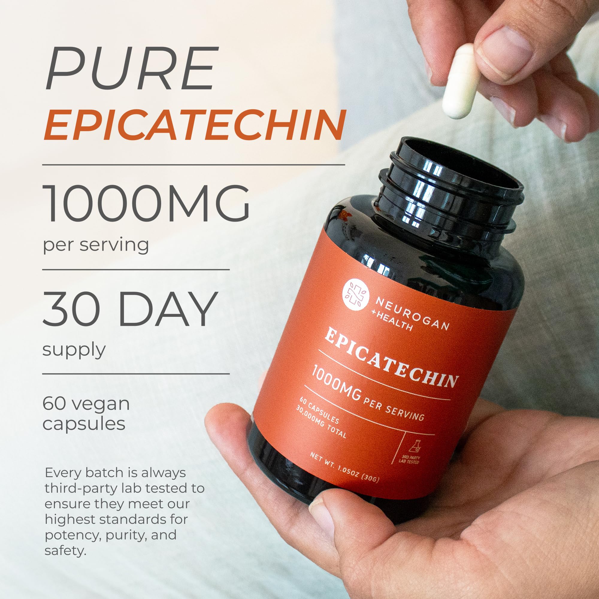 Capsules Neurogan Epicatechine – vue rapprochée, soutien musculaire pendant l’entraînement.