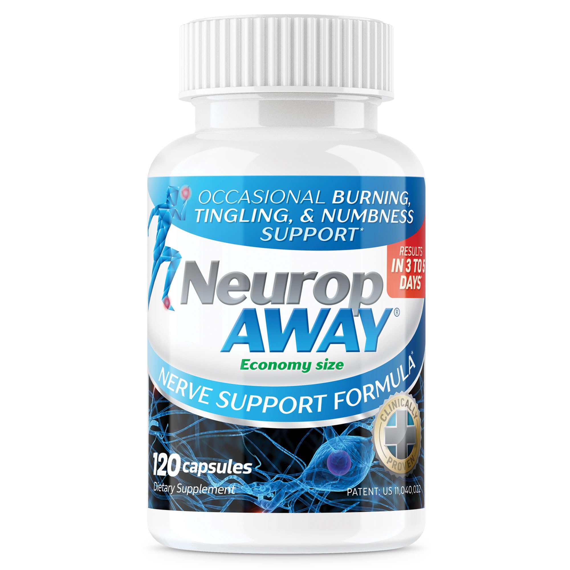 NeuropAWAY: bouteille de capsules montrant le soutien nerveux potentiel au quotidien.