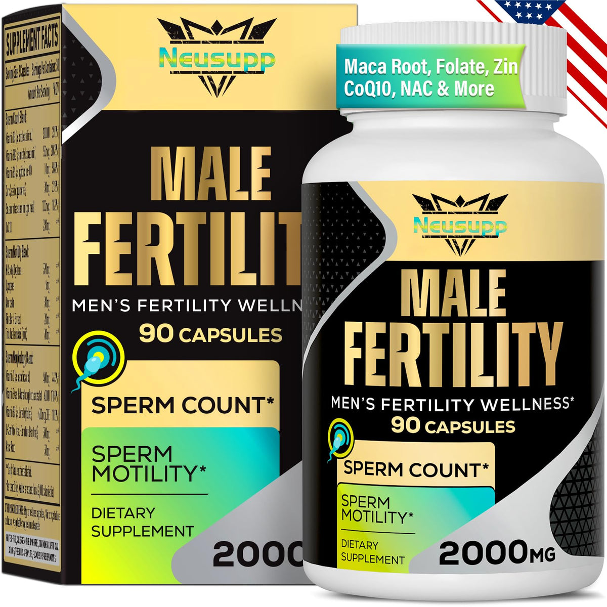 Neusupp Fertilité: bouteille de capsules favorisant la vitalité masculine et la santé du sperme