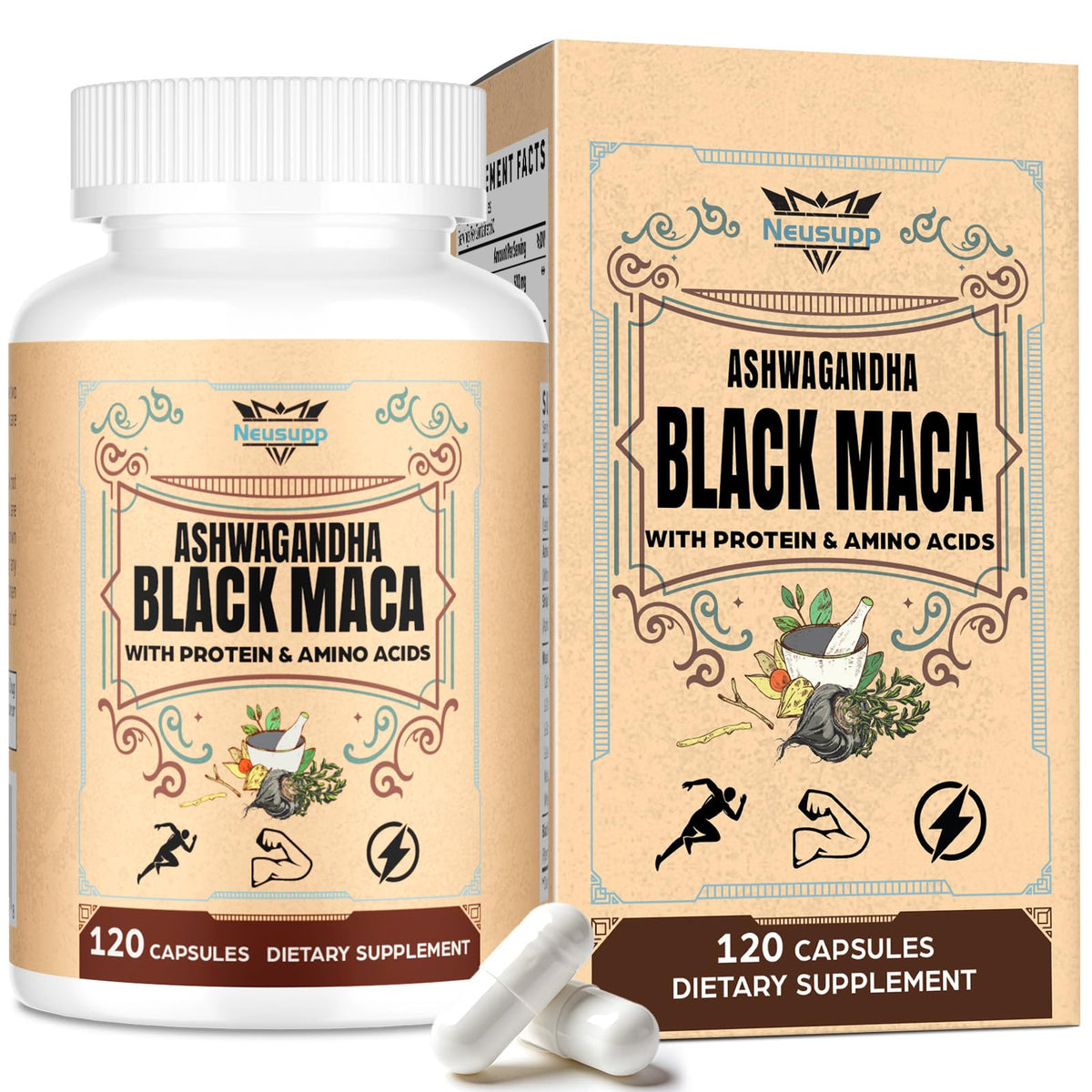 Neusupp Maca noire et Ashwagandha-Shilajit: vitalité quotidienne et équilibre hormonal.
