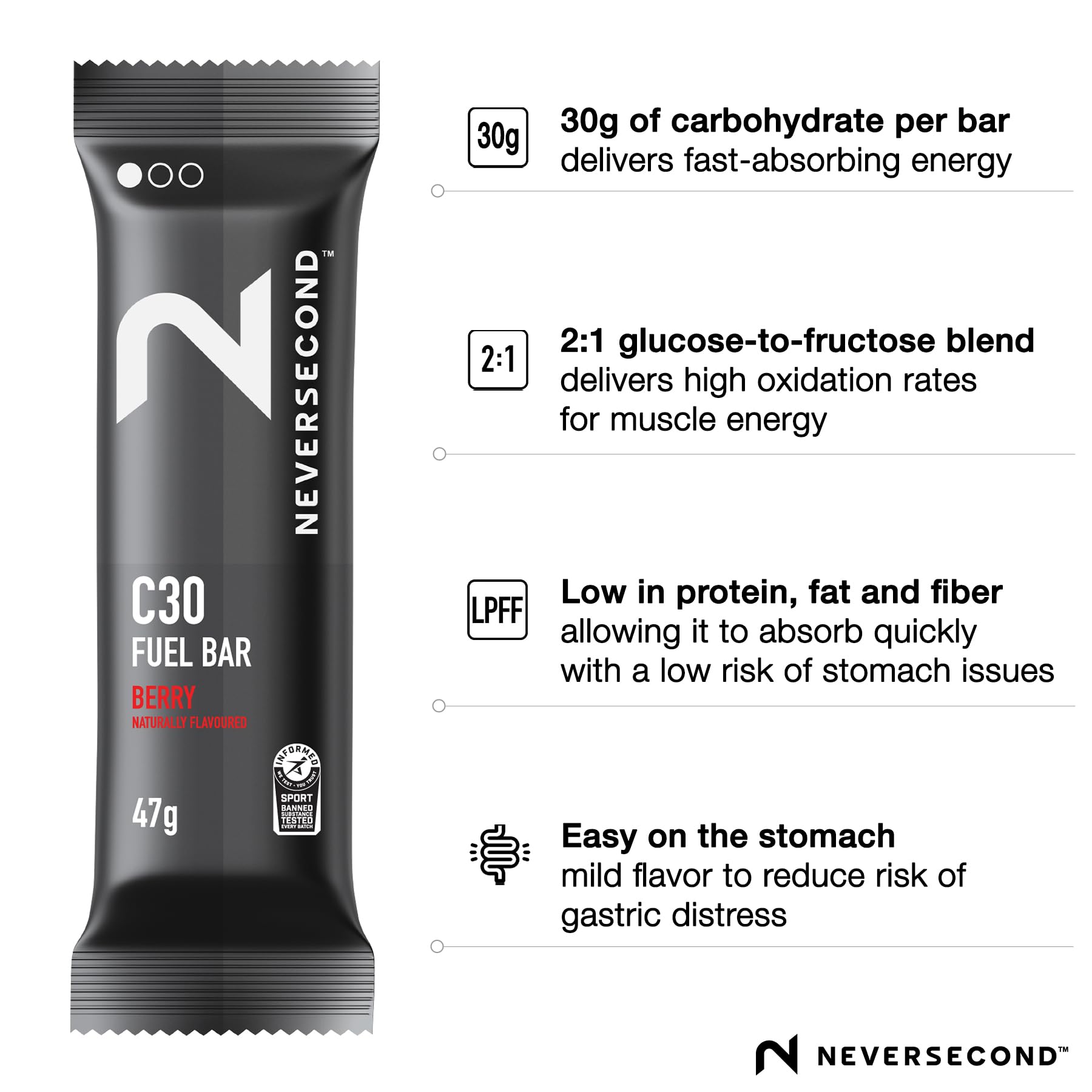 Barre Neversecond C30 saveur framboise, goût doux et équilibré.