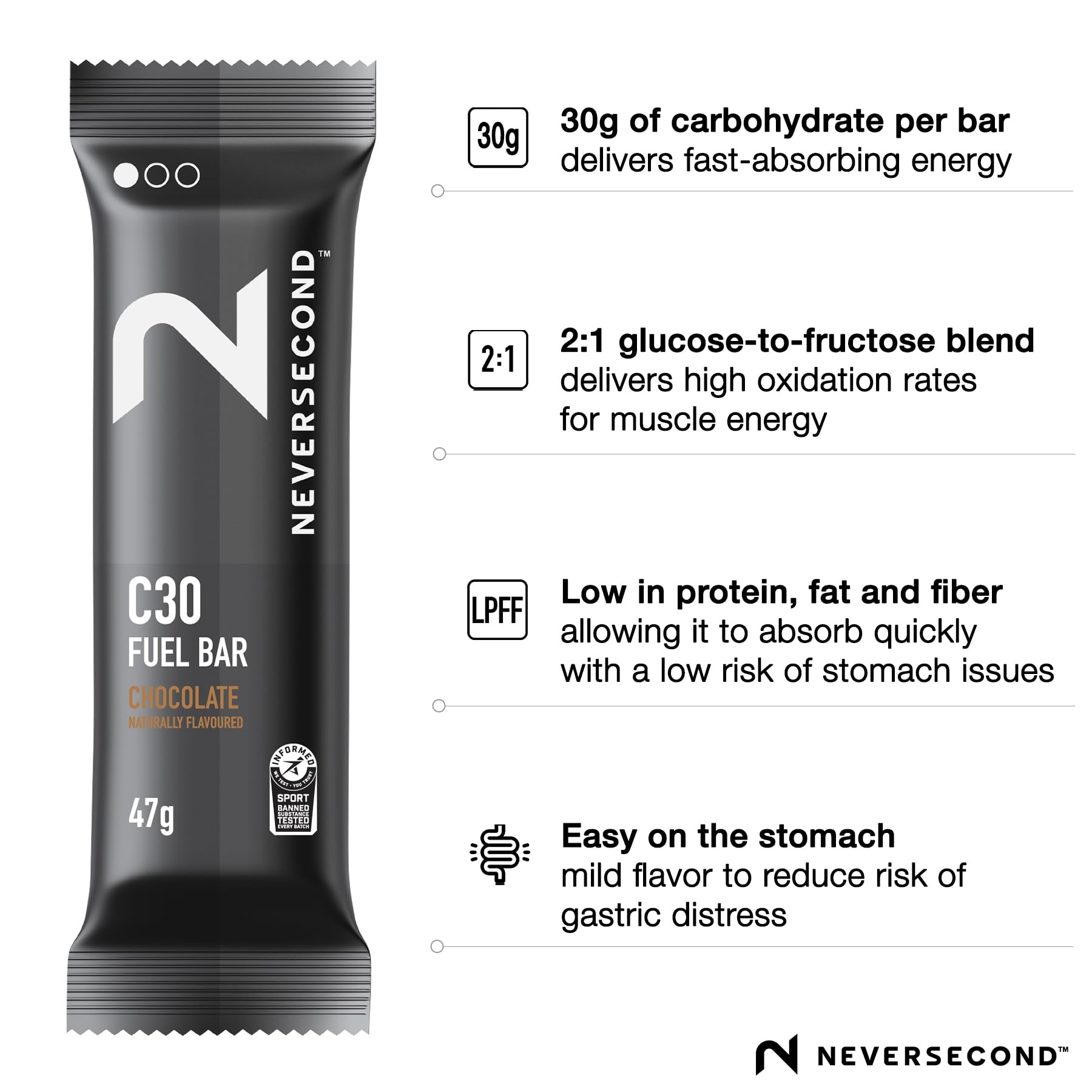 Neversecond C30 Fuel Bar, barre énergie chocolat, idéale pour endurance et longue course