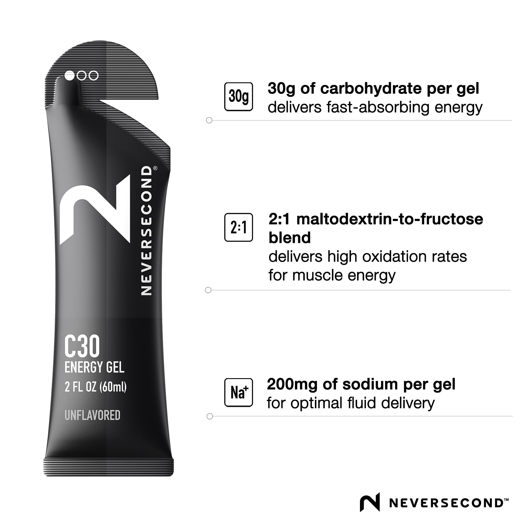 Neversecond C30 Gel énergie 30g glucides glucose-fructose, rapide et efficace.