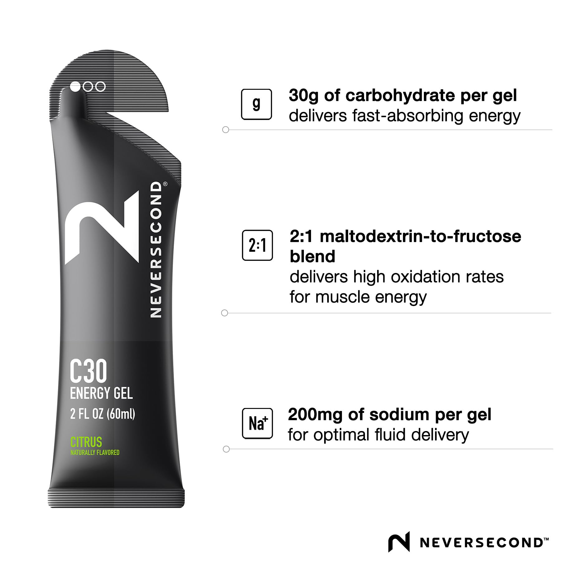 Neversecond C30 Gel Citrus hydratation rapide et énergie soutenue en endurance