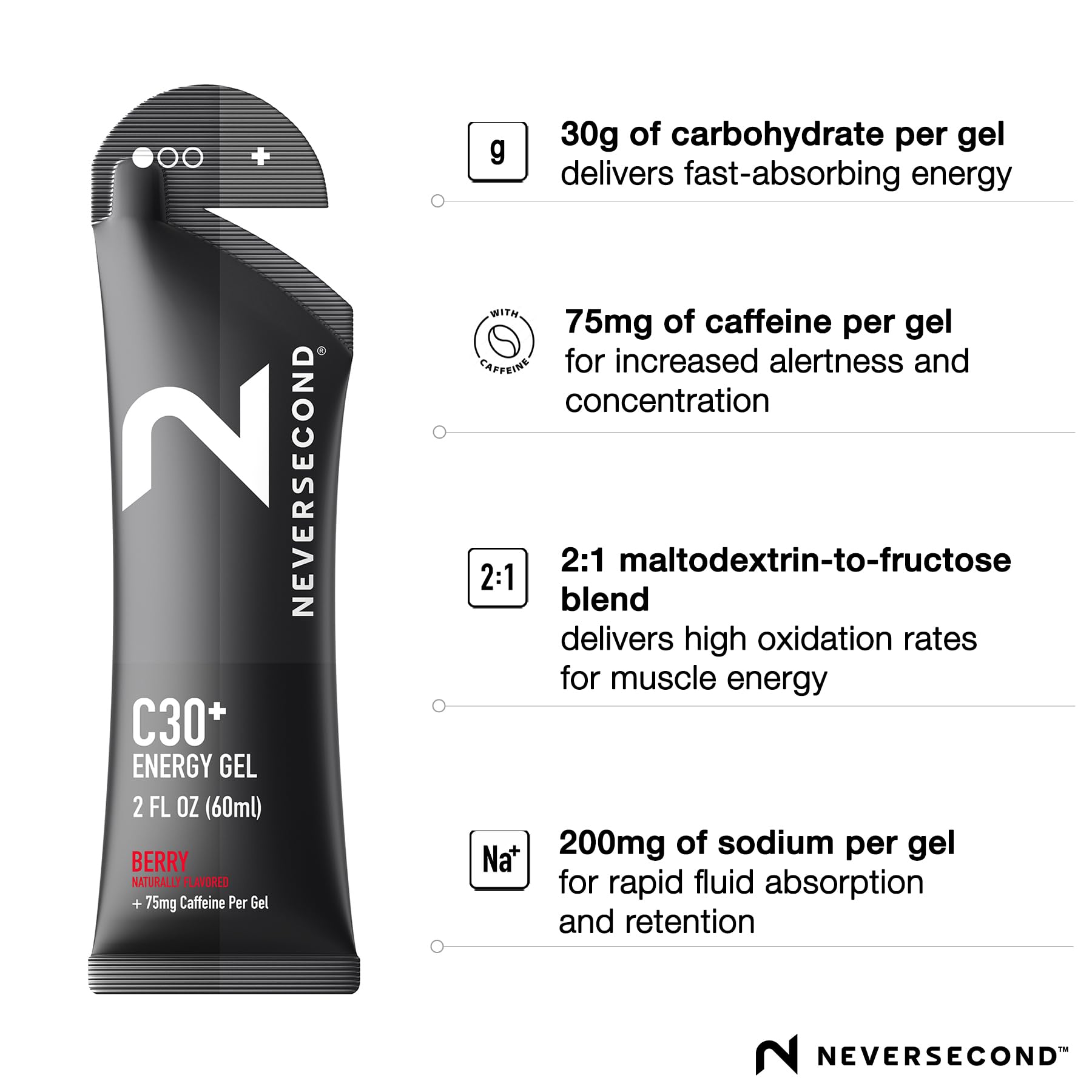 Neversecond C30+ Gel Framboise caféine 75 mg améliore la concentration