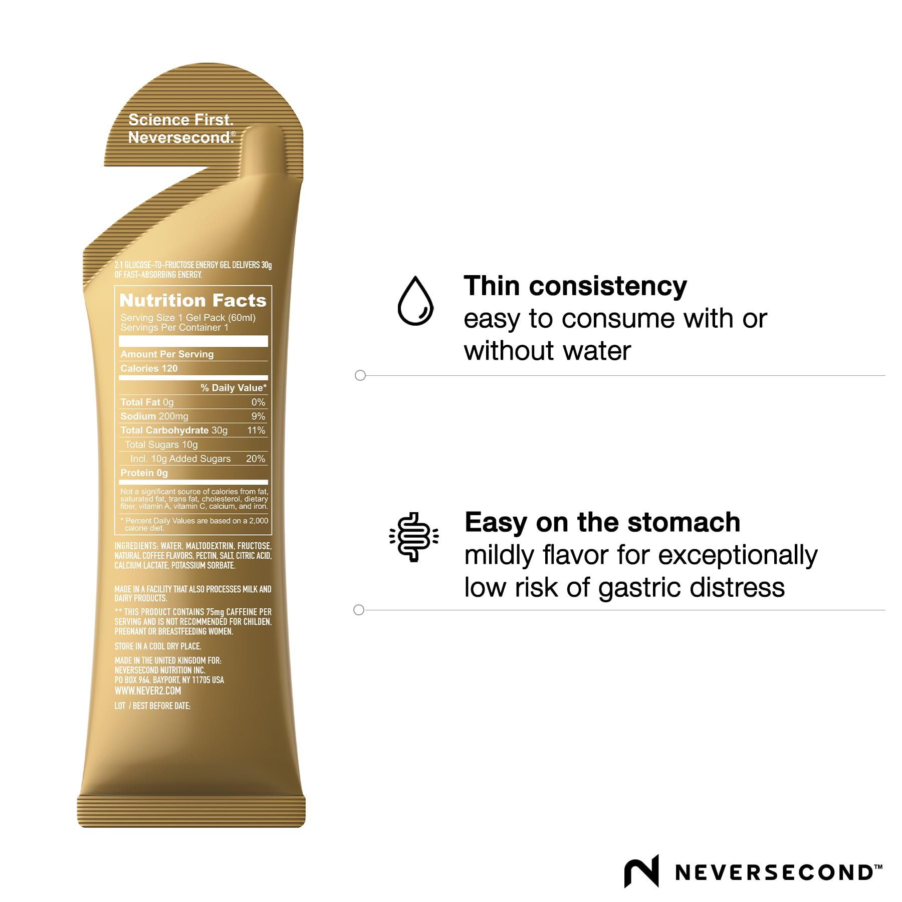 Neversecond Gel Espresso en sachet individuel, facile à transporter pendant l'entraînement.