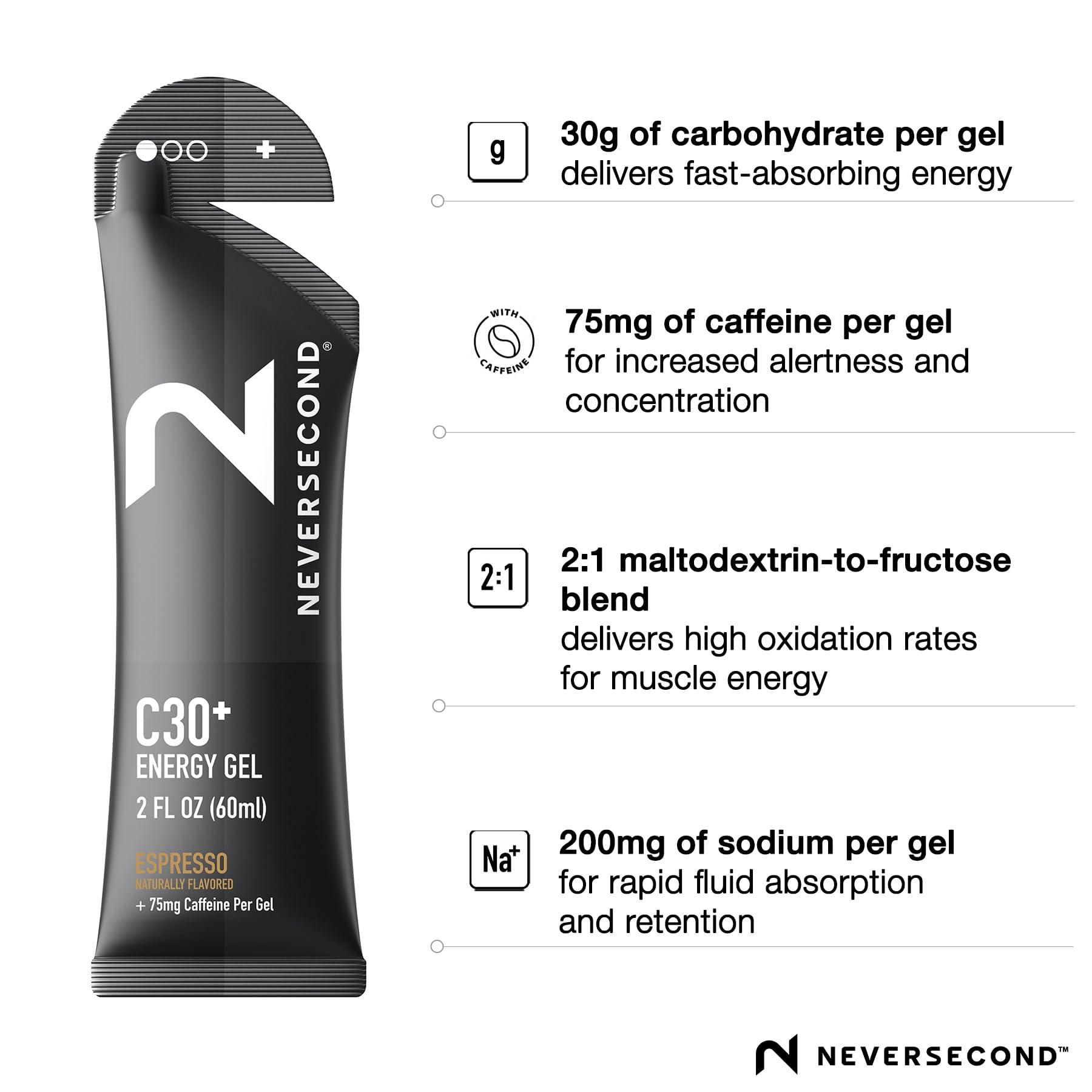 Neversecond Gel énergie avec sodium 200 mg favorisant l'hydratation pendant l'effort.