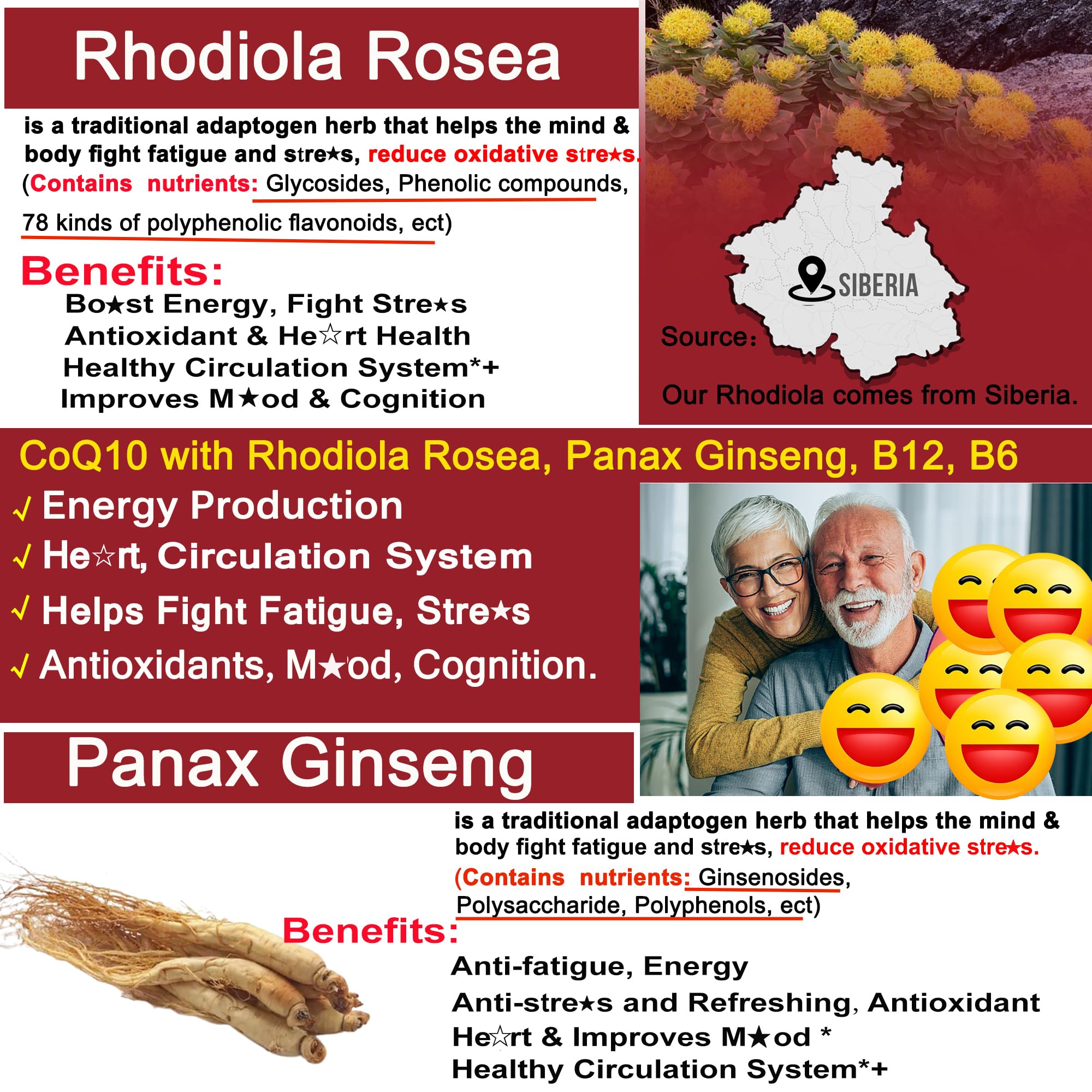 Extraits de rhodiola et ginseng pour le soutien mental et physique.