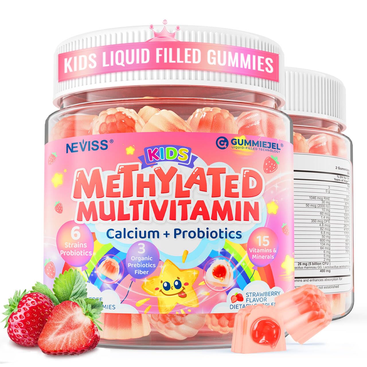 NEVISS pour enfants — bouteille colorée de gommes multivitamines, prise facile.
