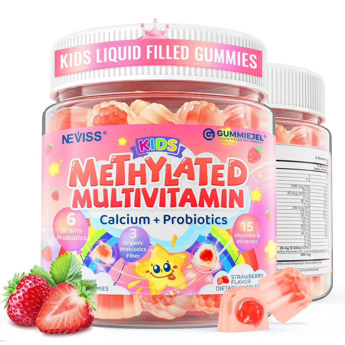 NEVISS pour enfants — bouteille colorée de gommes multivitamines, prise facile.