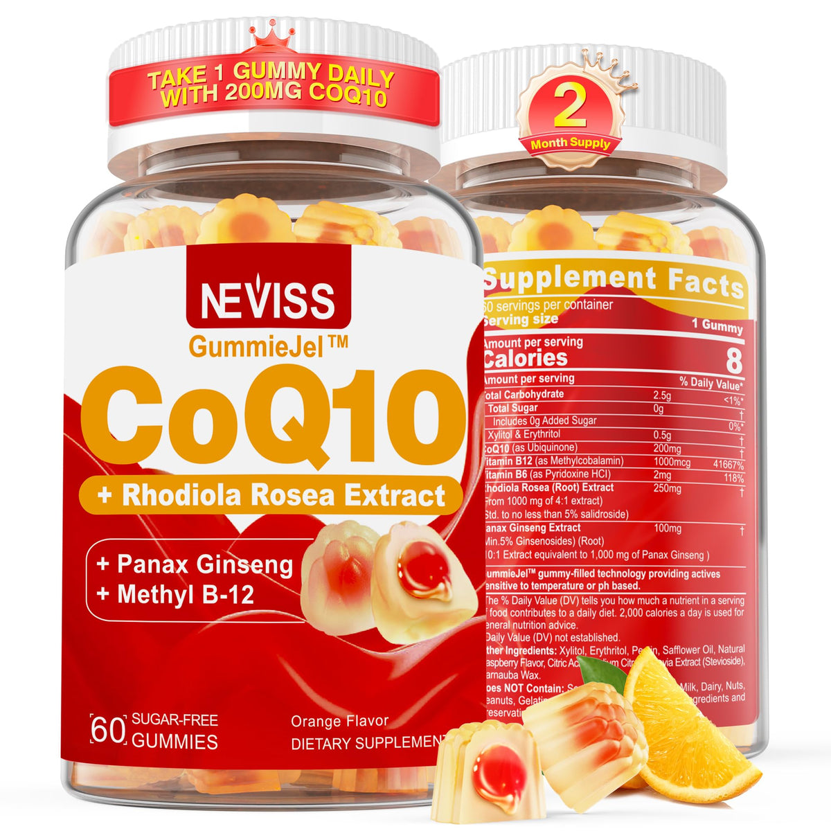 Gomme CoQ10 Neviss sans sucre saveur orange facile à prendre.