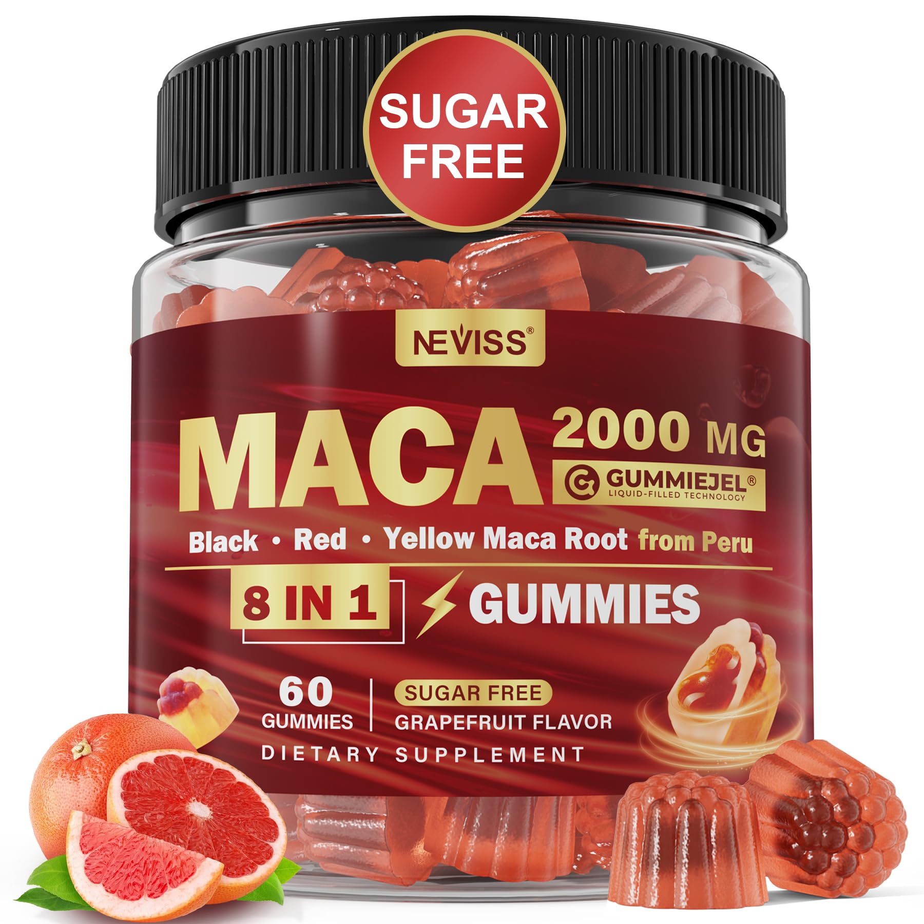 NEVISS Gommes Maca remplies dans la bouteille, pratique au quotidien.