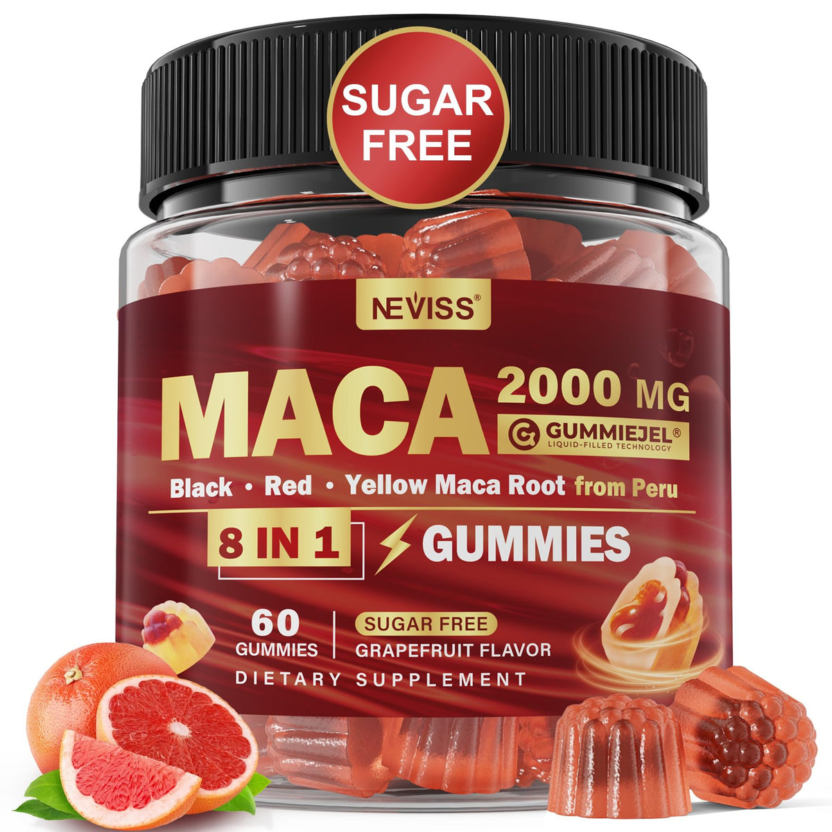 NEVISS Gommes Maca remplies dans la bouteille, pratique au quotidien.