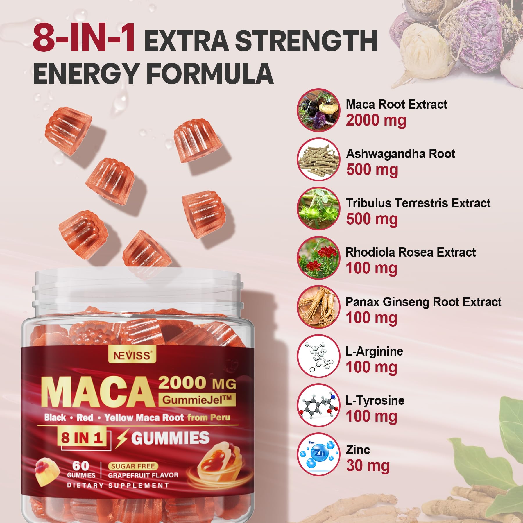 NEVISS Ashwagandha-Ginseng-Zinc, complément multiactif dans chaque bouchée.