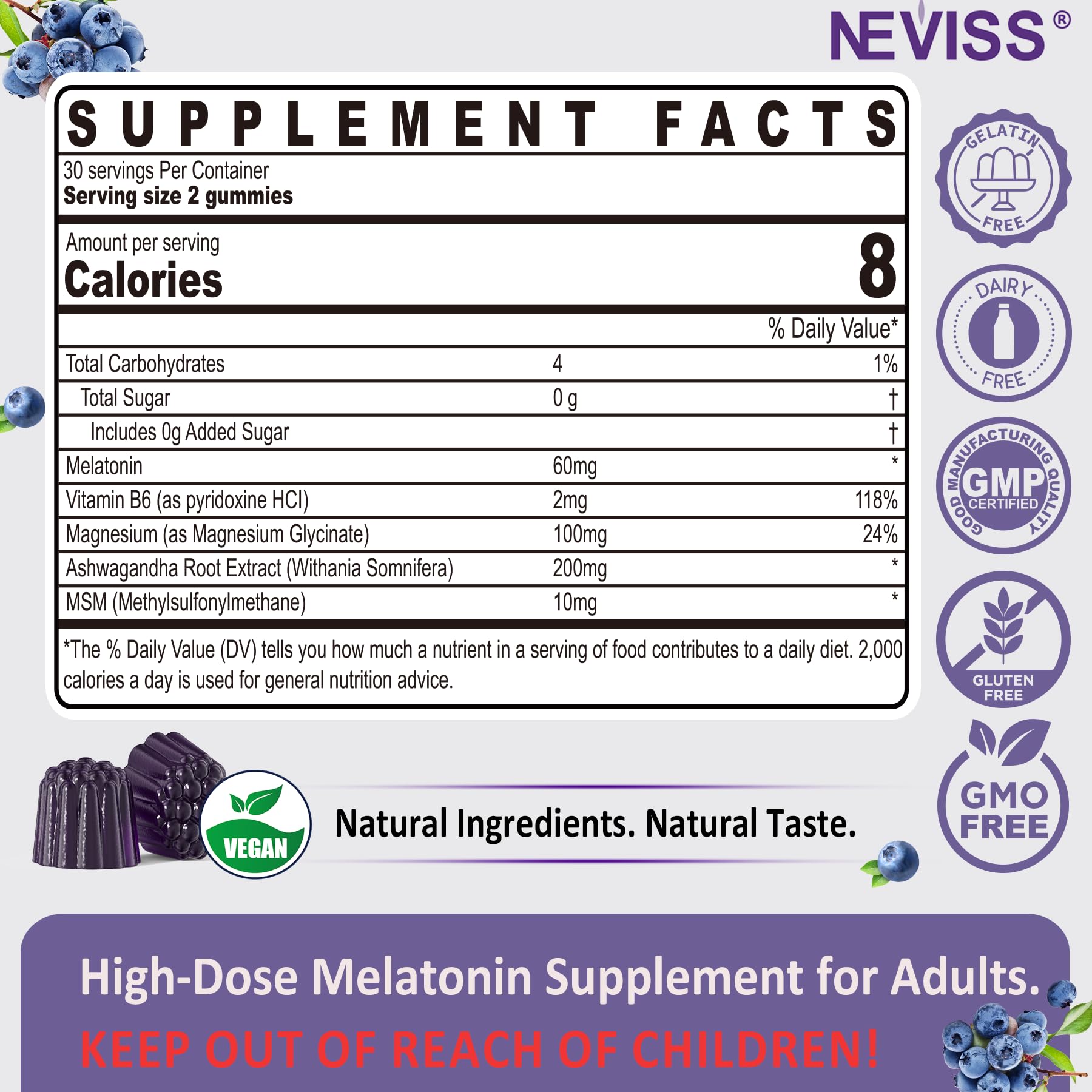 NEVISS gommes mélatonine 60 mg – vue rapprochée des gommes au goût agréable.
