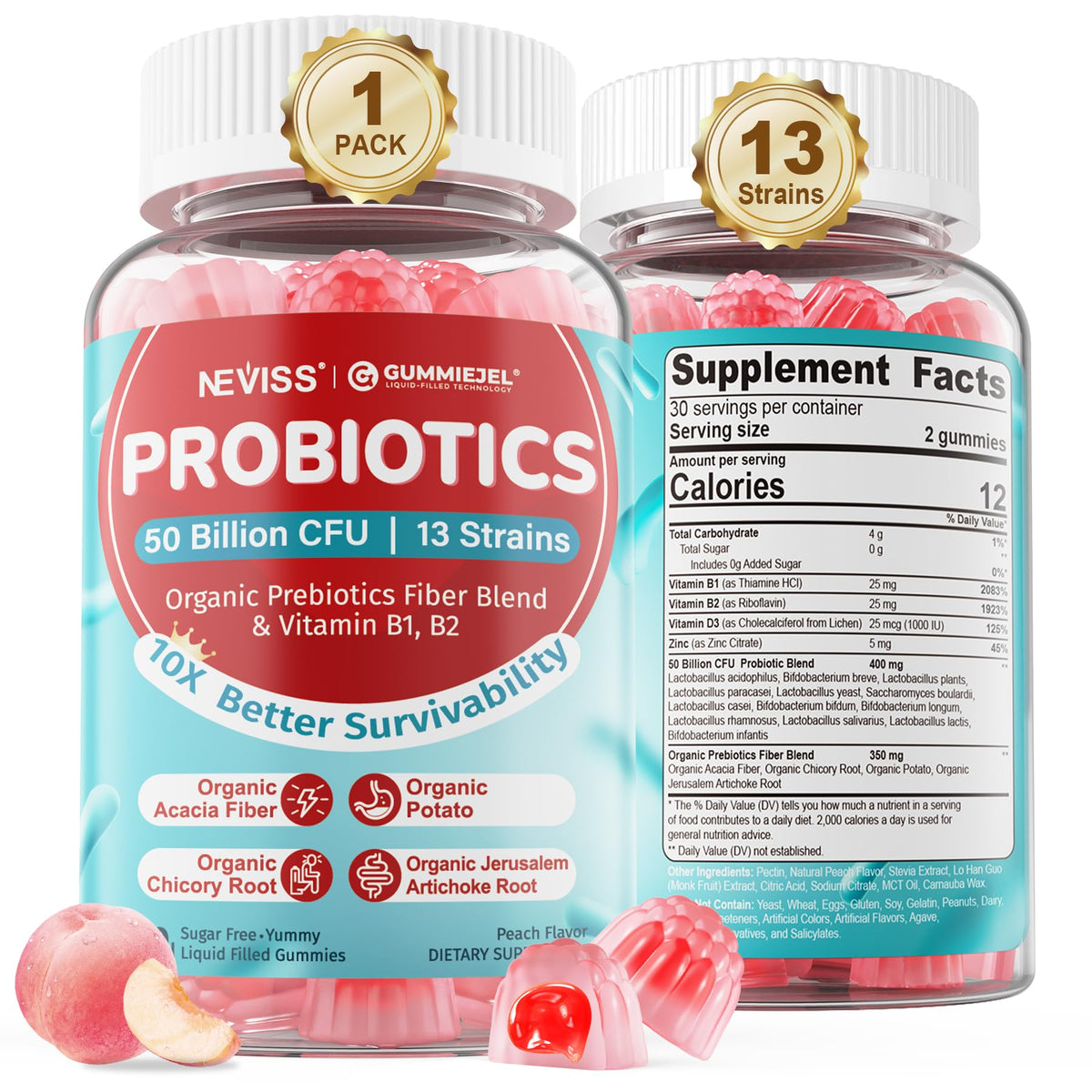 NEVISS gommes probiotiques-prebiotiques emballage clair et attractif pour la digestion